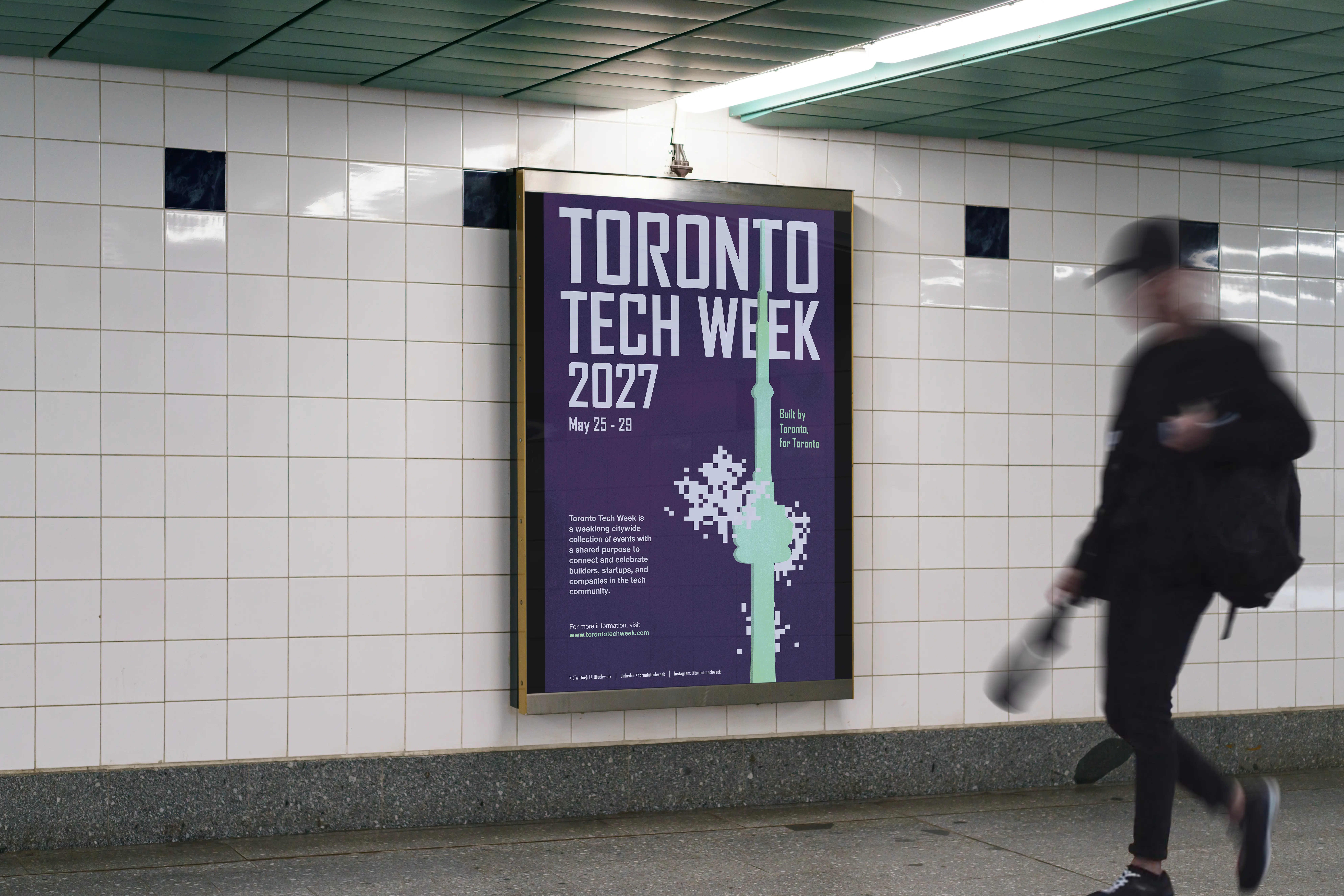 Large urban outdoor billboard mockup in downtown Toronto showing bold Toronto Tech Week rebranding campaign